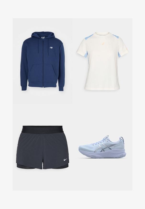 Mornarsko modra zip-up kapuca, izdelana iz mehke tkanine, z kenguru žepom, nastavljivim kapuco z vrvico in logotipom na prsih.; Lahka kratka majica s kratkimi rokavi v kremni barvi z modrima ramenoma. Videz vključuje oranžni logotip na prsih in kontrastne šive.; Črne atletske kratke hlače z elastičnim pasom, ki imajo plastičen dizajn in majhen bel Nike logotip na spodnji levi strani. Lahkoten material.; Svetlo modra tekaška obutev z mrežnim zgornjim delom, reflektivnimi srebrnimi detajli, oblazinjenim podplatom in teksturiranim gumijastim podplatom za oprijem.