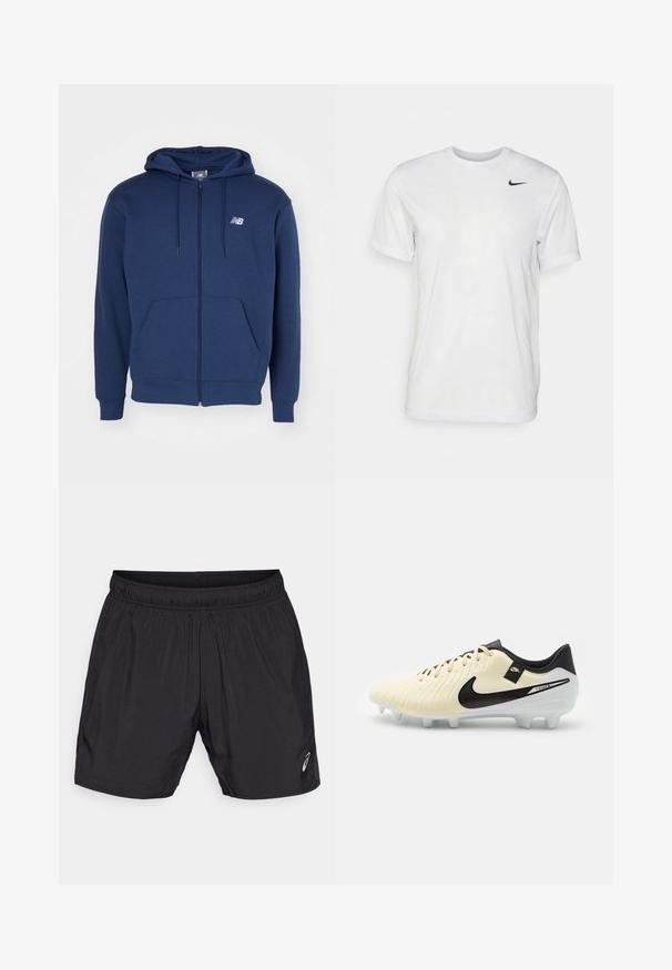 Sötétkék zipzáras kapucnis felső puha anyagból, kenguruzsebbel, állítható húzózsinórral a kapucnin és logóval a mellrészen.; Fehér, rövid ujjú póló, sima anyagból készült. Kerek nyakkivágással és egy kis fekete Nike logóval rendelkezik a bal mellen.; Fekete sportos rövidnadrág, könnyű anyagból készült, rugalmas derekkal és egy kis logóval a bal alsó oldalon.; Futballcipő krém színű felsőrésszel, texturált bőr dizájnnal, fekete kiegészítőkkel és fehér talppal, amelyen kiemelkedő tüskék találhatók a tapadás érdekében.