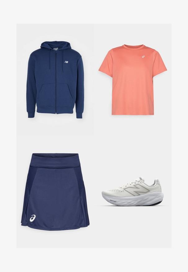 Tumed sinine üldriided, mis on valmistatud pehmest kangast, jalakotiga, sääd可拉绳aga kapuutsiga ja rinnal logoga.; Korallivärviline lühikeste varrukatega spordipoliis, mis on valmistatud tekstureeritud kangast, ümarate kaelustega ja väikese valge logoga vasakul ülemisel rinnal.; Navi sinine tennisseelik, mis on valmistatud polüestrisegmendist, sujuva vöökoha, volditud kujunduse ja valge logoga alumisel vasakul küljel.; Valged spordijalatsid, millel on võrgusilma pealne osa, polsterdatud sääreosa, tekstuuriga tallad ja "Fresh Foam" kaubamärgi logo keskosas.