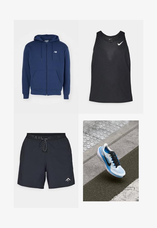 Navy sininen vetoketjullinen huppari, joka on valmistettu pehmeästä kankaasta. Siinä on kengurupussi, säädettävä nyöri huppua varten ja logo rinnassa.; Musta urheilullinen tank top, jossa on rei'itetty pinta ja pyöreä kaula-aukko. Rinnassa on valkoinen Nike-logo.; Mustat urheilushortsit, joissa on joustava vyötärö ja kiristysnauha, sivulogolla ja sileällä, kevyellä kankaalla, joka soveltuu aktiiviseen pukeutumiseen.; Valkoinen ja sininen juoksukenkä mustilla nauhoilla ja Nike-logolla, joka leijuu asfaltin ja jalkakäytävän reunuksen yllä.