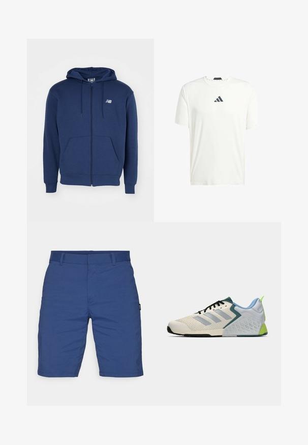 Námornícky modrá zipová mikina vyrobená z mäkkého materiálu, s klokankovou vreckom, nastaviteľnou kapucňou so sťahovacou šnúrkou a logom na hrudi.; Biely tričko s krátkym rukávom vyrobené z ľahkej tkaniny, s okrúhlym výstrihom a tmavosivým logom na hrudi. Hladká textúra, voľný strih.; Modré šortky vyrobené z ľahkého látkového materiálu. Obsahujú plochý predný diel, pútka na opasok a žiadne viditeľné vrecká. Hladká textúra s prispôsobeným strihom.; Ľahké atletické topánky s krémovým sieťovinovým zvrškom, sivými pruhmi, zeleným akcentom a štruktúrovaným modrým pätovým oporom. Čierne šnúrky.