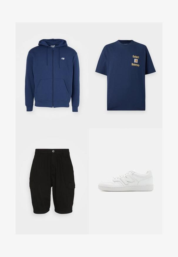 Navy sininen vetoketjullinen huppari, joka on valmistettu pehmeästä kankaasta. Siinä on kengurupussi, säädettävä nyöri huppua varten ja logo rinnassa.; T-paidat tummansinisestä puuvillasta, joissa on lyhyet hihat. Edessä kultaisella tekstillä "Carhartt University" ja logo-tasku vasemmalla rintapuolella.; Mustat cargo-shortsit, jotka on valmistettu puuvillasta ja joissa on suora leikkaus. Niissä on kaksi sivutaskua ja nappikiinnitys edessä.; Valkoiset tennarit, jotka on valmistettu sileästä nahasta. Niissä on perforoitu varpaat, teksturoitu kumipohja, litteät nauhat ja korostettu 'N' -logo sivussa.