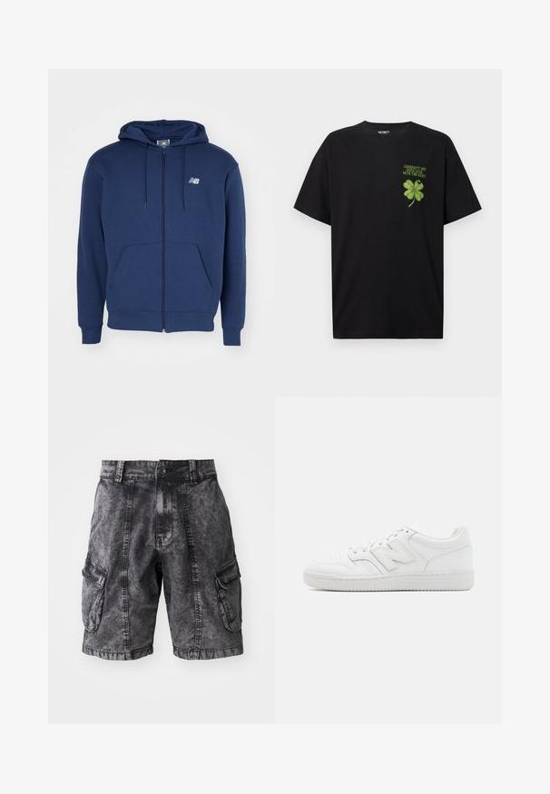 Navy blue zip-up hoodie made of soft fabric, featuring a kangaroo pocket, adjustable drawstring hood, and logo on the chest.; Black cotton t-shirt featuring a green four-leaf clover graphic with the text "GOOD LUCK WITH THE REST" on the left chest area.; Black denim cargo shorts featuring a faded texture, two side pockets, and a button closure. Knee-length with reinforced stitching.; White sneaker made of smooth leather, featuring perforated toe, a textured rubber sole, flat laces, and a prominent 'N' logo on the side.