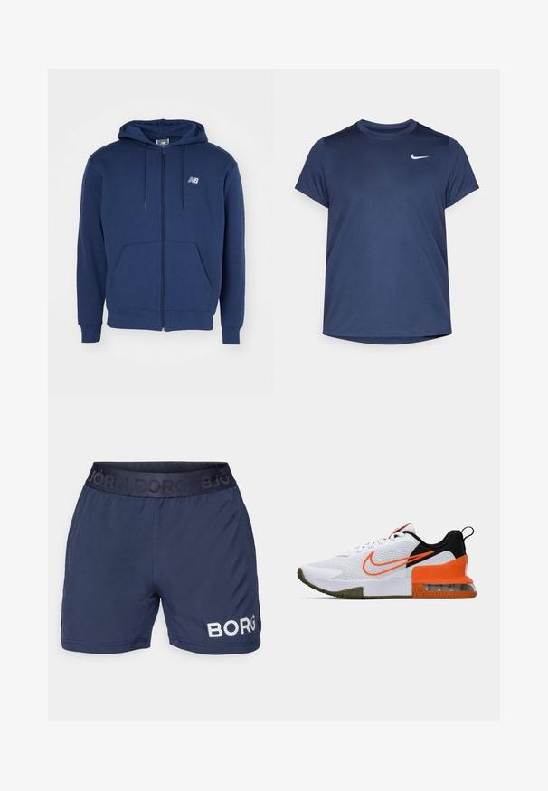 Ναυτικό μπλε ζακέτα με φερμουάρ, κατασκευασμένη από μαλακό ύφασμα, διαθέτει καγκουρό τσέπη, ρυθμιζόμενη κουκούλα με κορδόνι και λογότυπο στο στήθος.; Ναυτικό μπλε αθλητικό μπλουζάκι κοντομάνικο κατασκευασμένο από λεία, ελαφριά ύφανση. Διαθέτει ένα μικρό λευκό λογότυπο Nike στο επάνω αριστερό μέρος.; Ναυτικές αθλητικές βερμούδες φτιαγμένες από απαλό ύφασμα, με ελαστική μέση που φέρει το λογότυπο "BJÖRN BORG" και λευκή τρυπητή λεπτομέρεια "BORG".; Λευκό αθλητικό παπούτσι με υφασμάτινο επάνω μέρος με υφή, μαύρες και πορτοκαλί λεπτομέρειες, παχιά καουτσούκ σόλα και διαφανή τμήμα αεροθάλαμου στη φτέρνα.