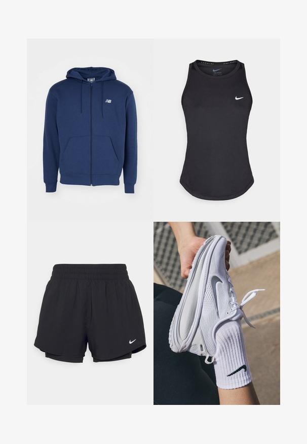 Felpa con zip color blu navy realizzata in tessuto morbido, dotata di tasca a marsupio, cappuccio regolabile con cordino e logo sul petto.; Top sportivo nero realizzato in materiale traspirante. Presenta un colletto rotondo, una vestibilità slim e il logo Nike bianco sul petto.; Shorts sportivi neri con un elastico arricciato in vita, fodera interna e logo Nike bianco sul lato sinistro in basso. Tessuto liscio e leggero.; Scarpa da ginnastica bianca con design testurizzato e logo Nike grigio, tenuta sopra un calzino bianco. La scarpa presenta una suola flessibile e lacci.
