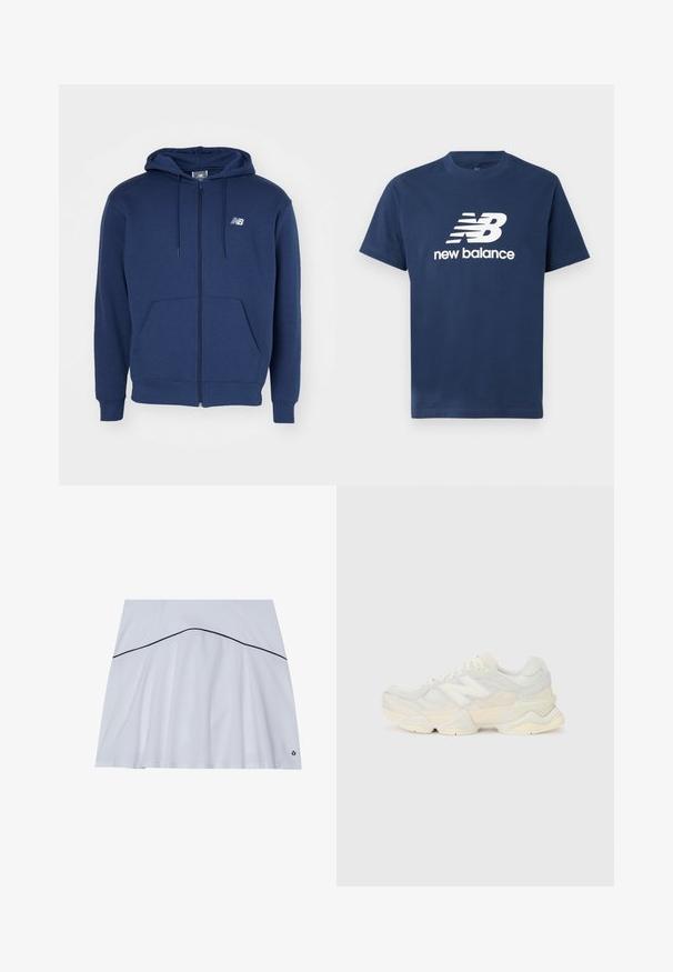 Marineblå hettegenser med glidelås laget av mykt stoff, med kengurulomme, justerbar snorhette og logo på brystet.; Mørkeblå bomull t-skjorte med korte ermer og rund hals. Har en hvit "NB"-logo og "new balance"-tekst på forsiden.; Hvit sportskjørt med en svingete bølgekant, som har en marineblå aksentlinje rundt livet og en logo i nedre høyre hjørne.; Lett sneaker med en overdel i mesh og semsket skinn i myke kremtoner, med en kraftig såle og tredimensjonale detaljer.
