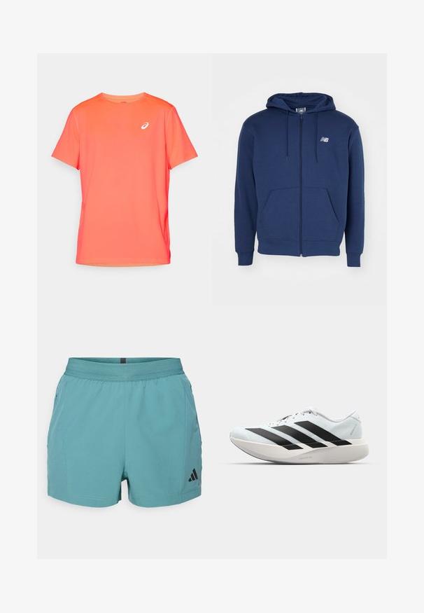 Granatowy hoodie zapinany na zamek wykonany z miękkiego materiału, z kieszenią kangurką, regulowanym kapturem ze sznurkiem oraz logo na klatce piersiowej.; Koszulka sportowa z krótkim rękawem w jasnym kolorze koralowym, wykonana z lekkiej, gładkiej tkaniny z białym logo na lewej piersi.; Turkusowe szorty sportowe z teksturowanym paskiem w talii, bocznymi kieszeniami oraz czarnym logo Adidas na dolnym prawym boku. Wykonane z lekkiego materiału.; Lekkie buty do biegania w jasnoniebieskim kolorze z czarnymi pasami. Posiadają gładką cholewkę, okrągły nosek oraz grubą białą podeszwę środkową oznaczoną "LIGHTSTRIKE PRO."