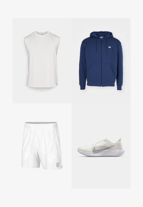 Granatowy hoodie zapinany na zamek wykonany z miękkiego materiału, z kieszenią kangurką, regulowanym kapturem ze sznurkiem oraz logo na klatce piersiowej.; Biały bezrękawnik sportowy z okrągłym dekoltem, wykonany z lekkiego materiału, o subtelnej teksturze i małym logo na przedniej lewej części klatki piersiowej.; Białe sportowe szorty wykonane z lekkiego materiału, z elastycznym pasem, wyposażone w dwie boczne kieszenie oraz małe czarne logo na dolnym brzegu.; Białe sportowe buty z oddychającą siateczką, teksturowanym znakem swoosh, amortyzującą podeszwą oraz subtelnym szarym akcentem po boku. Lekka konstrukcja.