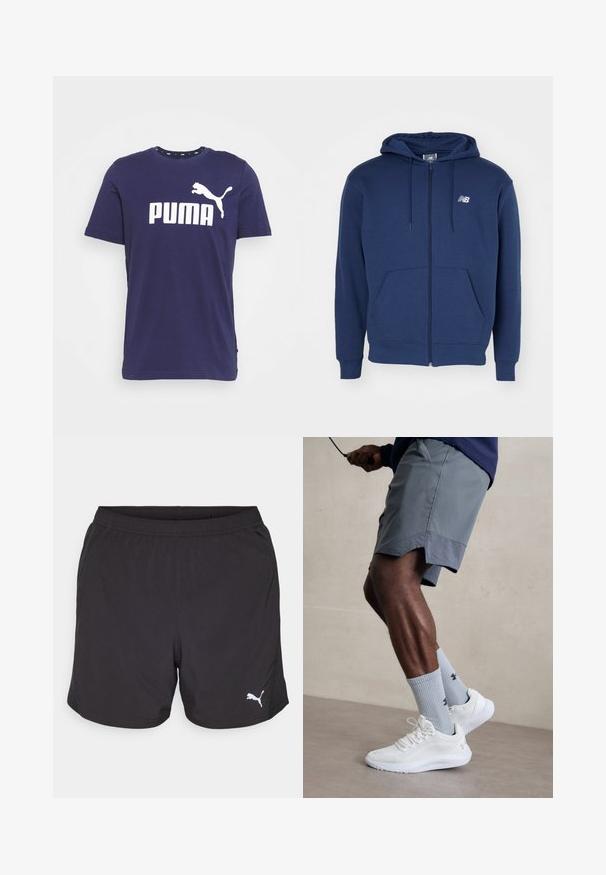 Tamsiai mėlynas zip-up džemperis, pagamintas iš minkštos medžiagos, su kengūros kišenėmis, reguliuojamu gaubtu ir logotipu ant krūtinės.; Puma LOGO TEE - Marškinėliai su spaudiniu - peacoat; Juodi sportiniai šortai, pagaminti iš lengvos medžiagos, su elastingu juosmeniu ir mažo balto Puma logotipo kairėje pusėje.; Balti sportiniai bateliai su tekstūruotu tinkleliu viršuje, derinami su šviesiai mėlynomis ribotomis kojinėmis su logotipu. Pilki sportiniai šortai su perforuota apdaila.