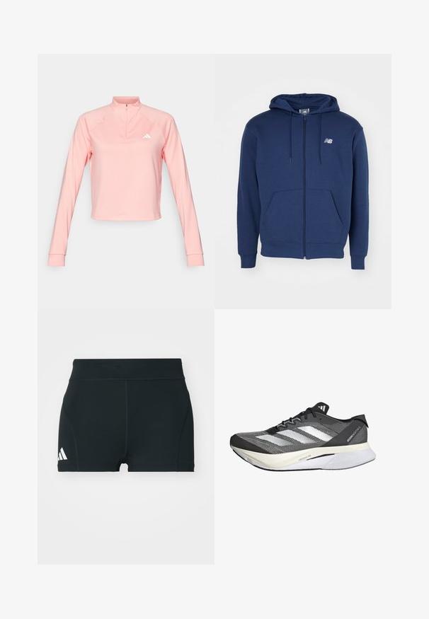 Granatowy hoodie zapinany na zamek wykonany z miękkiego materiału, z kieszenią kangurką, regulowanym kapturem ze sznurkiem oraz logo na klatce piersiowej.; adidas Performance - Bluzka z długim rękawem; Czarne sportowe szorty wykonane z elastycznego materiału, z wysokim stanem, dopasowanym krojem i białym logo Adidas po lewej stronie.; Czarno-biała sportowa obuwie z siateczkową cholewką, z trzema białymi paskami, wyrazistą podeszwą oznaczoną "LIGHTSTRIKE PRO" oraz aerodynamicznym designem.