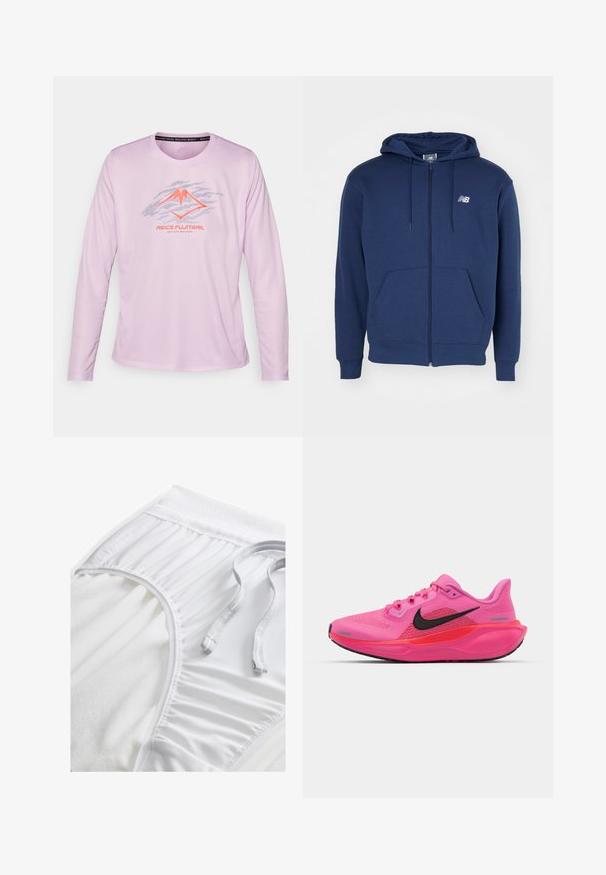 Felpa con zip color blu navy realizzata in tessuto morbido, dotata di tasca a marsupio, cappuccio regolabile con cordino e logo sul petto.; Maglia atletica a manica lunga di colore rosa chiaro, con una grafica di montagna in argento e arancione. Il tessuto è morbido al tatto e presenta un collo rotondo.; Pantaloni sportivi bianchi con una vita testurizzata, dettagli arricciati sui lati e un cordino piatto. Tessuto morbido con finitura liscia.; Nike Performance AIR ZOOM PEGASUS 41 - Scarpe da corsa su strada - playful pink/off noir/hyper pink/bright crimson/metallic silver