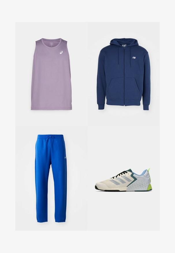 Felpa con zip color blu navy realizzata in tessuto morbido, dotata di tasca a marsupio, cappuccio regolabile con cordino e logo sul petto.; Canottiera sportiva viola con scollo rotondo e senza maniche. Presenta un piccolo logo bianco sul petto. Realizzata in tessuto leggero.; Pantaloni sportivi blu realizzati in tessuto morbido, con vita elasticizzata e cordino, gambe affusolate e un piccolo dettaglio del logo sul lato.; Scarpe atletiche leggere con una tomaia in rete color crema, righe grigie, un accento verde e un tallone in textured blu. Lacci neri.