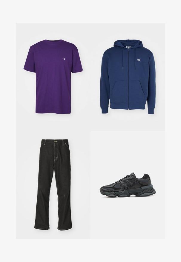 Granatowy hoodie zapinany na zamek wykonany z miękkiego materiału, z kieszenią kangurką, regulowanym kapturem ze sznurkiem oraz logo na klatce piersiowej.; Fioletowa bawełniana koszulka, krótki rękawek, okrągły dekolt, z małym białym logo na lewej piersi. Gładka faktura z luźnym krojem.; Czarne dżinsy o luźnym kroju, z kontrastującymi białymi szwami, z zapięciem na guzik i prostą nogawką.; Czarne buty biegowe z mieszanką siateczki i materiałów syntetycznych, masywną podeszwą, opływowym kształtem oraz wyraźnym brandingiem z boku.