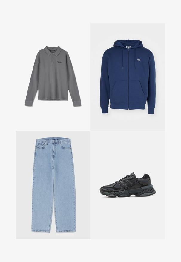 Mörkblå zip-up huvjacka tillverkad av mjukt material, med en känguruficka, justerbar dragsko och logotyp på bröstet.; Långärmad polo i randig grå tyg. Har en krage, tre-knapplist och subtil svart branding på bröstet.; Ljusblå denimjeans med rak bendesign, midjehög midja, fem fickor samt knapp- och dragkedjestängning.; Svart löparsko med en kombination av mesh och syntetiska material, kraftig sula, rundad design och framträdande varumärkning på sidan.