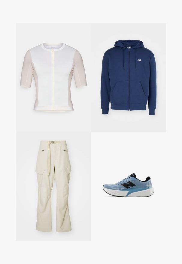 Marineblå zip-up hættetrøje lavet af blødt stof, med kængurulomme, justerbar snorhett og logo på brystet.; Kortærmet cykeltrøje i hvid og lys beige, der har en frontlynlås, glat tekstur og diskret logo-detaljering på brystet.; Beige cargo bukser med bred benvidde, bælte i taljen, to sidelommer og knælapper. Glat tekstur med forstærkede sømdetaljer.; Lysblå løbesko med sort logo, tyk hvid sål og sort inderside, set fra siden på en hvid baggrund.