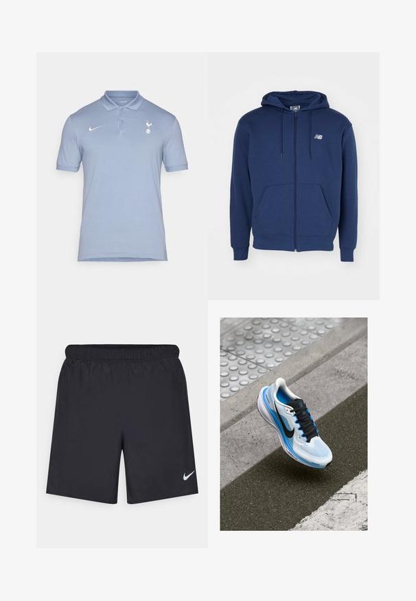 Tumed sinine üldriided, mis on valmistatud pehmest kangast, jalakotiga, sääd可拉绳aga kapuutsiga ja rinnal logoga.; Helesin sinine polo-särk, millel on krae, lühikesed varrukad ja Nike logo. Vasakul rinnakorvil on Spursi emblem. Pehme tekstuur.; Mustad mustikud lühikesed püksid, mis on valmistatud kergest materjalist ja millel on elastne vöökoht. Alumisel vasakul küljel on väike valge Nike logo.; Valge ja sinine jooksujalats mustade paeltega ning Nike sütitusega, hõljuv asfaldil ja kõnniteel.