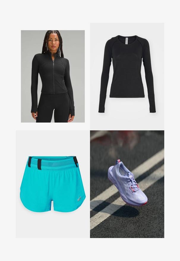 Černá sportovní bunda s vysokým límcem, plným zipem, přiléhavým střihem, plochými švy a otvory pro palce na manžetách. Hladká, pružná tkanina.; Černá dlouhá rukávová košile vyrobená z měkké látky. Má kulatý výstřih a raglánové rukávy s otvory na palce na manžetách. Minimalistický design.; ASICS METARUN SPLIT SHORT - Sportovní kraťasy - wave teal; Světle fialová běžecká bota s texturovaným svrškem, růžovými detaily, kulatým systémem šněrování a puntíkovanou podrážkou, umístěná nad pozadím z asfaltu.