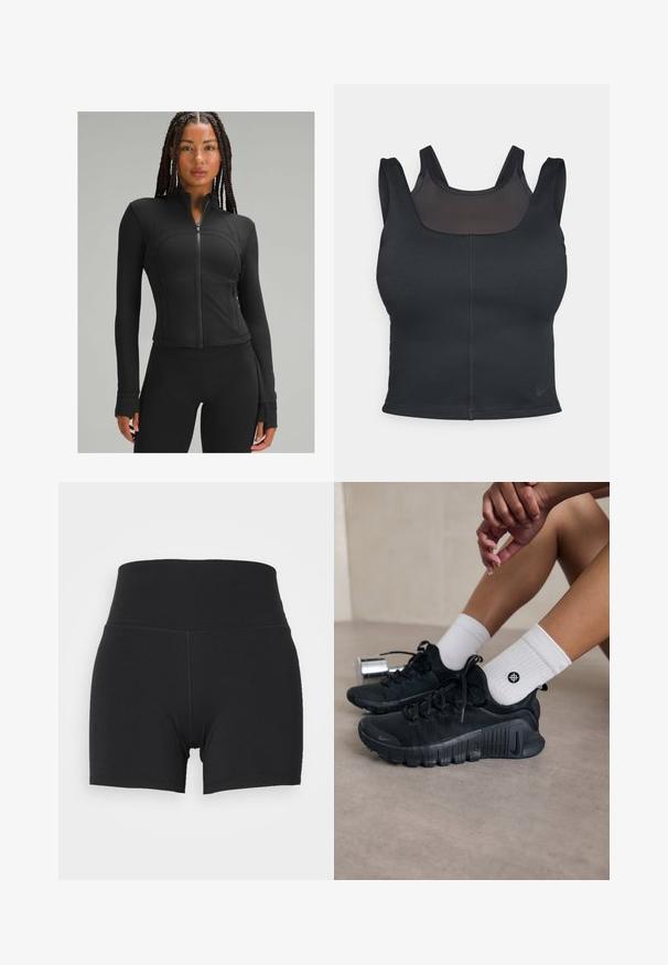 Melnā sporta jaka ar augstu apkakli, pilnu rāvējslēdzēju, pieguļošu dizainu, līdzenām šuvēm un caurumiem īkšķiem pie piedurknēm. Gluda, elastīga auduma.; Melnas sporta krūšturis ar pieguļošu dizainu, platām siksnām un acs pārklājumu priekšpusē. Gluda tekstūra un minimālas vīles. Nike logo apakšmalā.; Melni sporta šorti ar augstu elastīgu jostasvietu, izgatavoti no gludas, elastīgas auduma. Iezīmēta pieguļošām formām un minimālām šuvēm.; Melnas sporta kurpes ar teksturētu audumu, saistītu dizainu un izteiktu zoli, savienotas ar baltām ribotām zeķēm ar mazu logo.