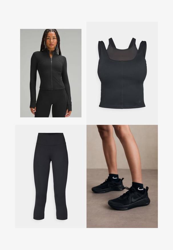 Mustat spordijakk, millel on kõrge krae, täispikk lukk, nööpide disain, lamedad õmblused ja sõrmeaugu avad varrukatel. Sile, veniv kangas.; Mustmust milano spordirinnahoidja, millel on lähedane disain, laiad rihmad ja ees olev võrgusilm. Sile tekstuur ja minimaalne õmblus. Nike logo alläärs.; Mustad mustad õhukesed leggingud, mis on valmistatud venivast kangast, kõrge vöökoha ja siledaga, ilma nähtavate mustrite või metalldetailideta.; Mustad mustad spordijalatsid, millel on võrgukujundus ja kummist tallad, ning silmapaistev must Nike logo. Kombineeritud tumesiniste tekstuuriga sokkidega.
