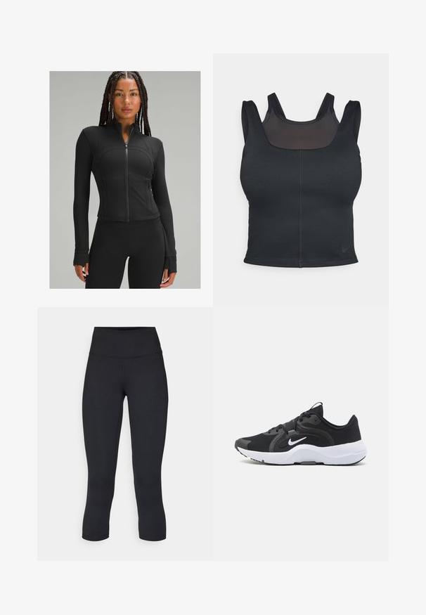 Giacca atletica nera con colletto alto, zip integrale, design aderente, cuciture piatte e aperture per i pollici nei polsini. Tessuto liscio ed elasticizzato.; Bra sportivo nero con design aderente, spalline larghe e sovrapposizione in rete sul davanti. Texture liscia e cuciture minime. Logo Nike sulla parte inferiore.; Leggings cropped neri realizzati in tessuto elasticizzato, con vita alta e texture liscia, senza motivi o componenti visibili.; Scarpa sportiva nera con tomaia in tessuto traspirante, colletto imbottito, suola intermedia bianca e suola esterna in gomma texturizzata. Logo Nike in bianco.