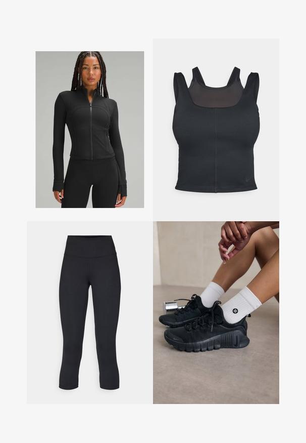 Zwarte sportjack met hoge kraag, volledige rits, aansluitend design, platte naden en duimgaten bij de mouwen. Glad, stretchmateriaal.; Zwarte sportbh met een verstelbaar ontwerp, brede schouderbanden en een gaasoverlay aan de voorkant. Gladde textuur en minimale naden. Nike-logo aan de onderkant.; Zwarte cropped leggings van rekbaar materiaal, met een hoge tailleband en een gladde textuur, zonder zichtbare patronen of hardware.; Zwarte sport schoenen van een gestructureerde stof, met vetersluiting en een opvallende zool, gecombineerd met witte geribbelde sokken met een klein logo.