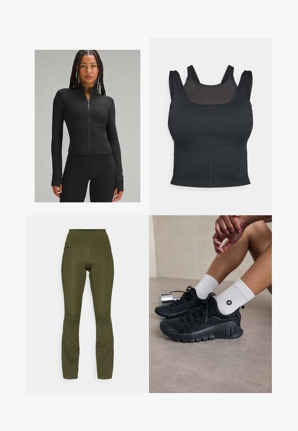 Čierna športová bunda s vysokým golierom, plným zipsom, priliehavým strihom, plochými švami a otvormi pre palce na manžetách. Hladká, elastická tkanina.; Čierna športová podprsenka s priliehavým strihom, širokými ramienkami a sieťovinou na prednej strane. Hladký povrch a minimálne švy. Logo Nike na leme.; Olivové legíny s vysokým pásom, vyrobené z elastického materiálu. Obsahujú bočnú kapsu a ploché švy pre pohodlie a flexibilitu.; Čierne športové topánky s textúrovanou látkou, šnurovací dizajn a výrazná podrážka, doplnené o biele rebrované ponožky s malým logom.