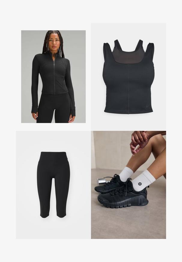 Crni atletski jakna s visokim ovratnikom, punim zatvaranjem, prilagođenim dizajnom, ravnim šavovima i otvorima za palčeve na manžetama. Glatka, rastezljiva tkanina.; Crni sportski grudnjak s prilagođenim dizajnom, širokim trakama i mrežastim prekrivačem sprijeda. Glatka tekstura i minimalni šavovi. Nike logo na rubu.; Crne kapri tajice s visokim strukom, izrađene od glatkog, rastezljivog materijala. Imaju jednostavan dizajn bez vidljivog hardvera ili uzoraka.; Crne atletske tenisice s teksturiranim materijalom, vezivanjem i istaknutim potplatom, u kombinaciji s bijelim rebrastim čarapama koje imaju mali logo.