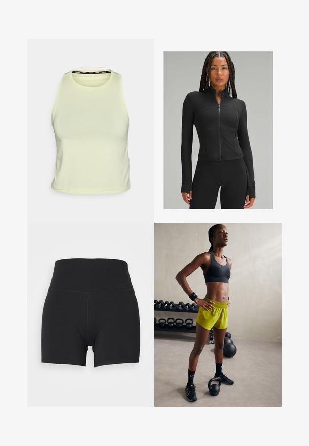 Czarna sportowa kurtka z wysokim kołnierzem, pełnym zamkiem, dopasowanym krojem, płaskimi szwami i otworami na kciuki w mankietach. Gładki, elastyczny materiał.; Jasnożółty bezrękawnik, wykonany z miękkiego materiału. Posiada okrągły dekolt oraz czarny logo na wewnętrznej krawędzi kołnierza.; Czarne sportowe szorty z wysokim elastycznym paskiem, wykonane z gładkiego, elastycznego materiału. Charakteryzują się dopasowanym krojem i minimalnymi detalami szwu.; Czarny stanik sportowy, jasne żółte szorty z elastycznym pasem, czarne buty sportowe i opaski na nadgarstki, stojące obok kettlebelli.
