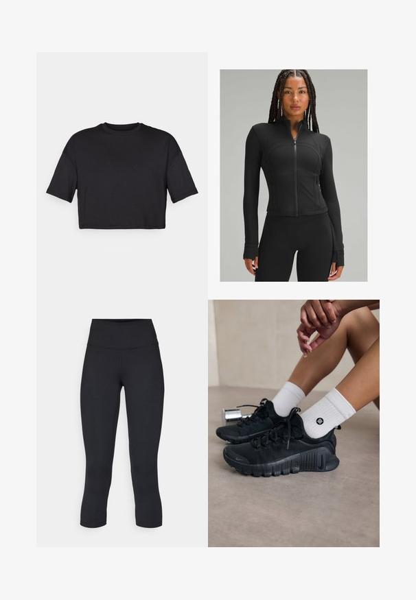Mustat spordijakk, millel on kõrge krae, täispikk lukk, nööpide disain, lamedad õmblused ja sõrmeaugu avad varrukatel. Sile, veniv kangas.; Must must blouse pehmeast kangast, ümarate kaelustega ja lühikeste, laiemate varrukatega, millel on lihtne, õmblusteta disain.; Mustad mustad õhukesed leggingud, mis on valmistatud venivast kangast, kõrge vöökoha ja siledaga, ilma nähtavate mustrite või metalldetailideta.; Mustad must спортjalatsid tekstuurse kangaga, nöörimise disainiga ja silmapaistva tallaga, koos valgete ribafreeside sokkidega, millel on väike logo.
