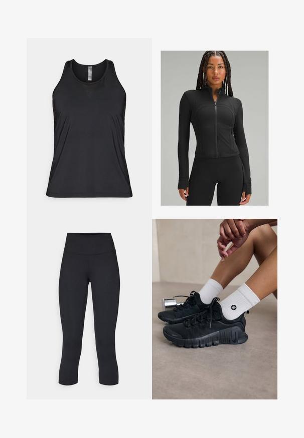 Crni atletski jakna s visokim ovratnikom, punim zatvaranjem, prilagođenim dizajnom, ravnim šavovima i otvorima za palčeve na manžetama. Glatka, rastezljiva tkanina.; Crna bezrukava sportska majica napravljena od prozračnog materijala, s suptilnim mrežastim akcentom u obliku trokuta blizu izreza.; Crne skraćene tajice od rastezljivog materijala, s visokim strukom i glatkom teksturom, bez vidljivih uzoraka ili dodataka.; Crne atletske tenisice s teksturiranim materijalom, vezivanjem i istaknutim potplatom, u kombinaciji s bijelim rebrastim čarapama koje imaju mali logo.