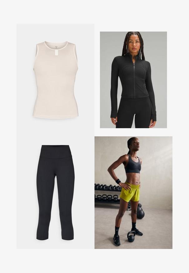 Černá sportovní bunda s vysokým límcem, plným zipem, přiléhavým střihem, plochými švy a otvory pro palce na manžetách. Hladká, pružná tkanina.; Bezrukávý top ve světlé béžové barvě, s texturovaným síťovaným designem, kulatým výstřihem a malou bílou etiketou na zadní straně.; Černé zkrácené legíny vyrobené z pružné látky, s vysokým pasem a hladkou texturou, bez viditelných vzorů nebo kovových prvků.; Černá sportovní podprsenka, jasně žluté šortky s elastickým pasem, černé sportovní boty a zápěstní pásky, stojící vedle kettlebellů.