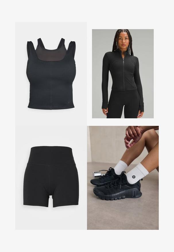 Jachetă sport neagră cu guler înalt, fermoar complet, design ajustat, cusături plate și orificii pentru degete la manșete. Material neted și elastic.; Sutien sportiv negru cu un design ajustat, bretele late și un overlay din plasă pe față. Textură netedă și cusături minime. Logo-ul Nike pe tiv.; Pantaloni scurți atletici negri cu un talie elastică înaltă, fabricați dintr-un material neted și elastic. Prezintă un design ajustat și detalii minime de cusătură.; Pantofi sport negri din material texturat, cu un design cu sireturi și o talpă proeminentă, asortați cu șosete albe cu model cu nervuri, având un mic logo.