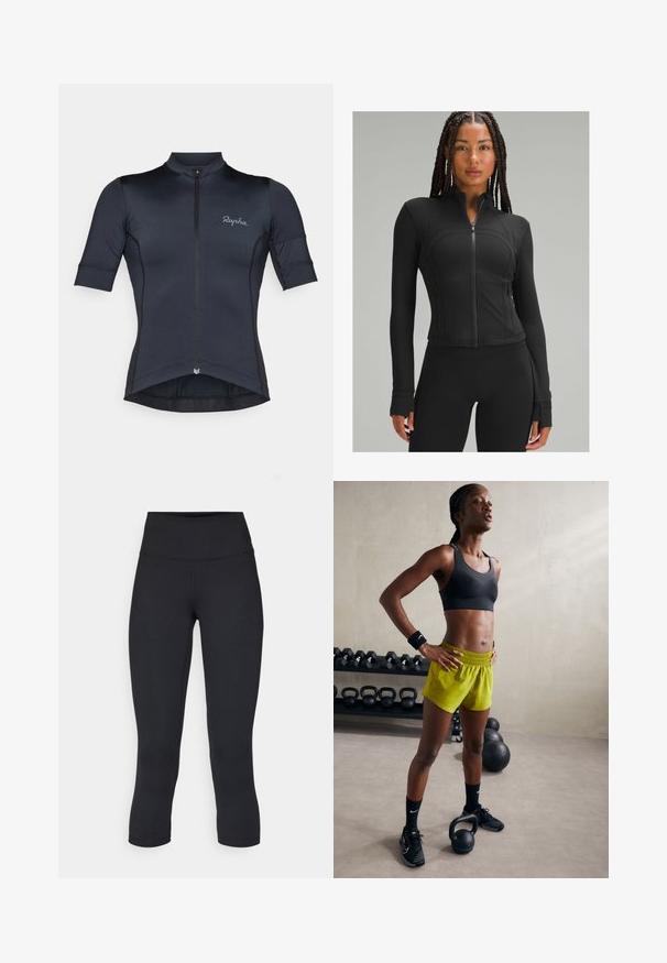 Chaqueta atlética negra con cuello alto, cierre completo, diseño ajustado, costuras planas y agujeros para los pulgares en los puños. Tejido suave y elástico.; Jersey de ciclismo de manga corta en color azul marino oscuro, fabricado con un tejido ligero y elástico. Presenta un cierre de cremallera en el frente y el logo de Rapha en el pecho.; Leggings negros cortos hechos de tela elástica, con una cintura alta y una textura suave, sin patrones o herrajes visibles.; Sujetador deportivo negro, pantalones cortos amarillos brillantes con cinturilla elástica, zapatillas de deporte negras y muñequeras, de pie junto a kettlebells.