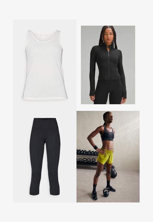 Veste de sport noire avec un col montant, fermeture éclair intégrale, design ajusté, coutures plates et trous pour les pouces aux poignets. Tissu lisse et extensible.; Débardeur blanc sans manches en tissu doux ; présente un décolleté rond et une coupe standard, avec une texture lisse et un ourlet fini.; Leggings noirs coupés en tissu extensible, avec une taille haute et une texture lisse, sans motifs ni éléments visibles.; Soutien-gorge de sport noir, shorts jaunes éclatants avec une ceinture élastique, chaussures de sport noires et bandeaux, se tenant à côté de kettlebells.