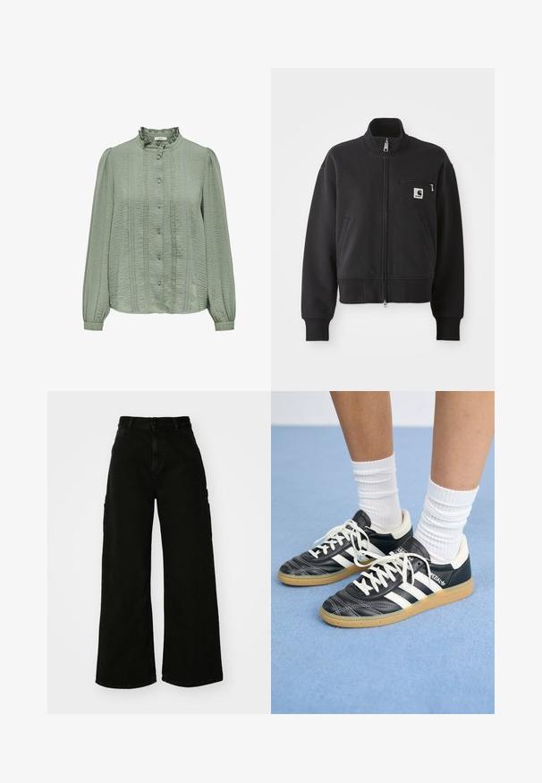 Giacca nera zip-up con design corto, dotata di un colletto alto, tasche frontali e una piccola tasca sul petto con accento del logo. Texture del tessuto morbida.; Blusa verde chiaro con maniche lunghe, tessuto testurizzato, parte anteriore plissettata, colletto arricciato e bottoni decorativi lungo il centro.; Pantaloni cargo neri a gamba larga in denim, con vita alta, chiusura frontale con bottone e tasche laterali. Texture liscia con cuciture minime.; Sneaker in pelle nera con strisce bianche, punta rotonda, lacci bianchi e suola in gomma. Menzionate del collare imbottito e dettagli del marchio.