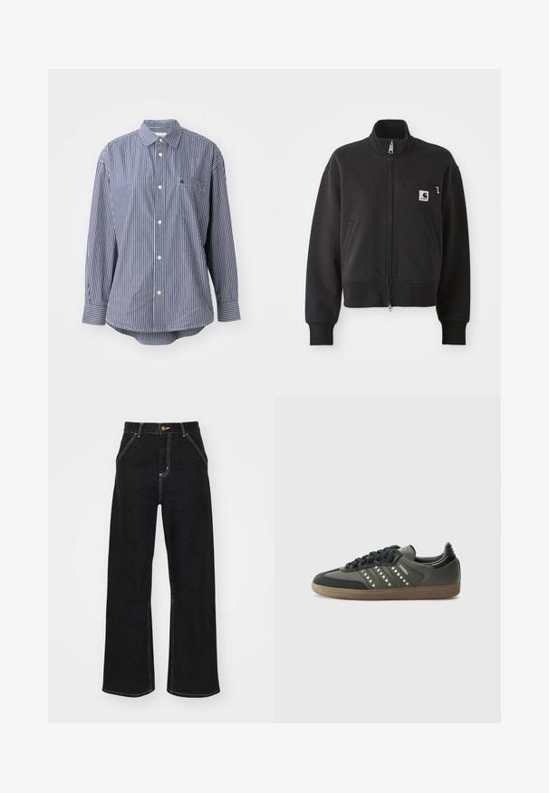 Fekete, cipzáros dzseki cropped szabásban, magas gallérral, elülső zsebekkel és kis mellzsebbel, amelyen logó található. Puha anyagú textúra.; Tengerészkék és fehér csíkos, hosszú ujjú ing klasszikus gallérral, elülső zsebbel és gombos záródással. Puha anyag, sima felülettel.; Fekete, széles szárú farmernadrág, kontrasztos fehér varrással és elülső gombos záródással, két ferde elülső zsebbel.; adidas Originals SAMBA OG - Sportcipő - core black/legend earth/gum