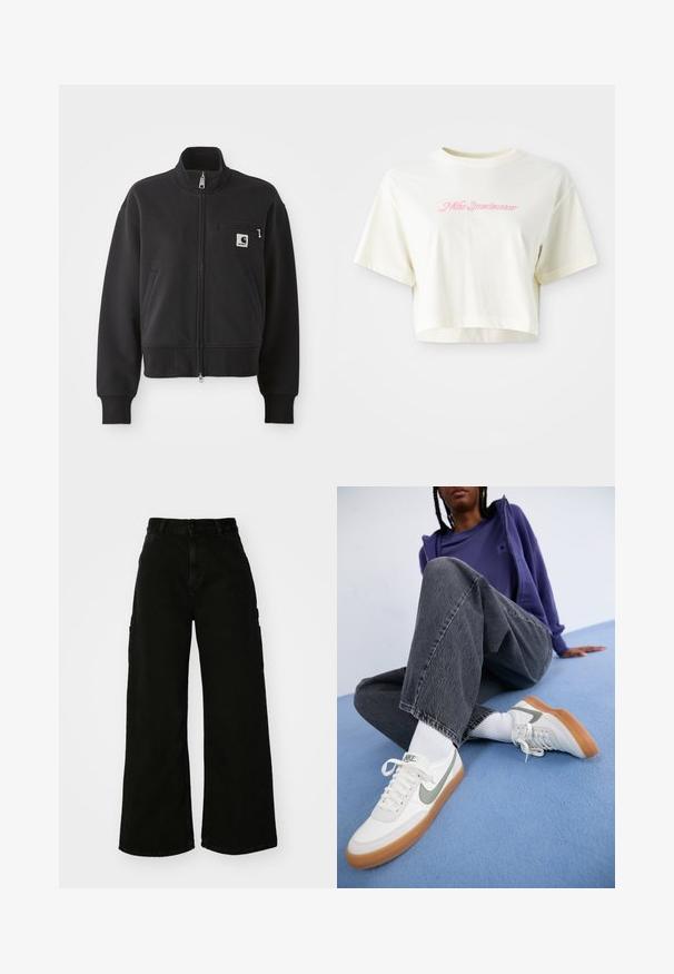 Fekete, cipzáros dzseki cropped szabásban, magas gallérral, elülső zsebekkel és kis mellzsebbel, amelyen logó található. Puha anyagú textúra.; Rövid ujjú, krém színű, pamutból készült póló. A bal mellrészen rózsaszín hímezett logó található, amelyen a "Nike Sportwear" felirat olvasható. Kerek nyakú.; Fekete, bő szárú cargo nadrág, denim anyagból, magas derékkal, elülső gombos záródással és oldalsó zsebekkel. Sima textúra minimális varrással.; Fehér Nike sneaker szürke részletekkel, gumi talppal, fehér zoknival viselve. Sötét szürke, enyhén kopott, bő szárú farmernadrág. Kék háttér.