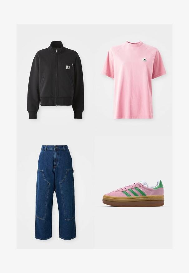 Svart zip-up jakke i en cropped design, med høy krage, frontlommer, og en liten brystlomme med logo-detalj. Myk tekstur.; Rosa bomull T-skjorte med rund hals og kort erm. Har et lite firkantet logo-lapp på venstre brystområde. Jevn tekstur.; Mørke denim vide bukser med høj talje, med store forlommer og kontraststing. Stoffet har en let tekstur.; Rosa semskede sneakers med grønne striper, hvite detaljer og en brun gummisåle. Har teksturert stoff og logodetaljer på siden.