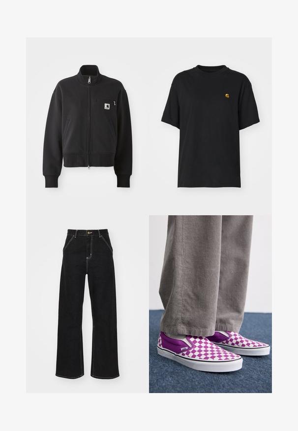 Fekete, cipzáros dzseki cropped szabásban, magas gallérral, elülső zsebekkel és kis mellzsebbel, amelyen logó található. Puha anyagú textúra.; Fekete pamut póló laza szabással. Kerek nyakkal és rövid ujjakkal rendelkezik. A mellkason egy kis arany hímzett logó található.; Fekete, széles szárú farmernadrág, kontrasztos fehér varrással és elülső gombos záródással, két ferde elülső zsebbel.; Lila és fehér kockás slip-on Vans cipők, sima felülettel és kontrasztos fekete szegéllyel, szürke kordbársony nadrággal párosítva.