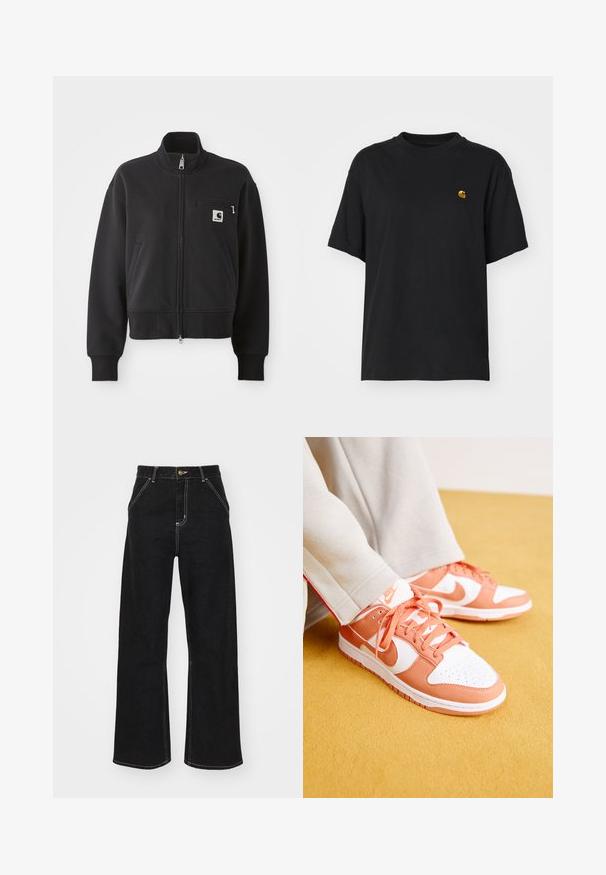 Fekete, cipzáros dzseki cropped szabásban, magas gallérral, elülső zsebekkel és kis mellzsebbel, amelyen logó található. Puha anyagú textúra.; Fekete pamut póló laza szabással. Kerek nyakkal és rövid ujjakkal rendelkezik. A mellkason egy kis arany hímzett logó található.; Fekete, széles szárú farmernadrág, kontrasztos fehér varrással és elülső gombos záródással, két ferde elülső zsebbel.; Fehér és korall Nike Dunk edzőcipők sima bőrből, texturált nyelvvel, perforációkkal az orrán és lapos korallfűzőkkel.