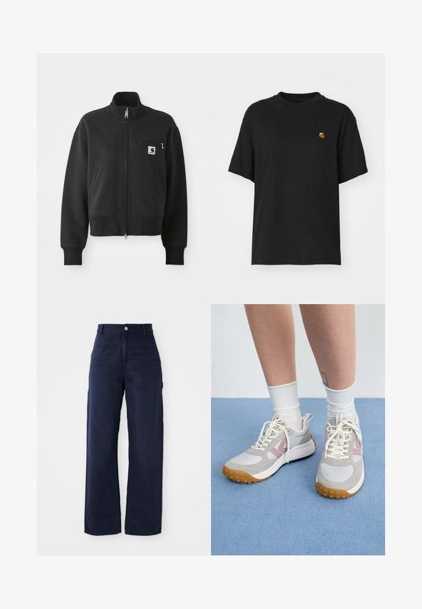 Black zip-up jacket in a cropped design, featuring a high collar, front pockets, and a small chest pocket with logo accent. Soft fabric texture.; Black cotton t-shirt with a relaxed fit. Features a round neck and short sleeves. Includes a small gold embroidered logo on the chest.; Navy blue wide-leg cargo pants with a sturdy cotton fabric, featuring side pockets and a button closure at the waist.; Light gray sneakers with pink accents, white leather panels, and a textured rubber sole. Laces are cream, and socks are white.