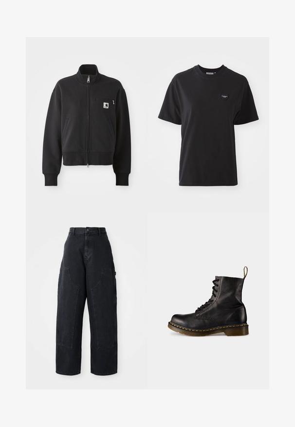 Chaqueta negra de cremallera en un diseño cropped, con un cuello alto, bolsillos frontales y un pequeño bolsillo en el pecho con un acento de logo. Textura de tela suave.; Camiseta de algodón negra con cuello redondo, mangas cortas y un pequeño logotipo en forma de corazón en la parte superior izquierda. Textura suave, corte relajado.; Pantalones cargo de denim negro de pierna ancha con cintura alta, dos grandes bolsillos frontales y cierre de botón en la cintura. Textura suave, diseño casual.; Bota de cuero negro con cordones y puntera redonda, costuras amarillas a lo largo de la suela y una lengüeta en la parte trasera. Acabado texturizado, suela gruesa.