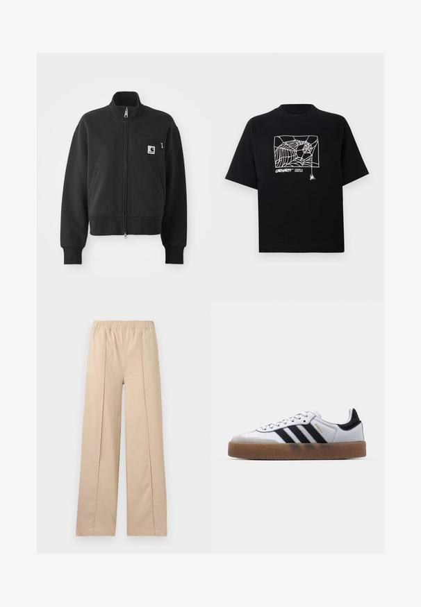 Čierna sako na zips v skrátenom strihu, s vysokým golierom, prednými vreckami a malým vreckom na prsiach s logom. Mäkká tkanina.; Čierne tričko z bavlny s krátkymi rukávmi. Na prednej strane má biely grafický motív pavučiny a logo. Jednoduchý zaoblený výstrih.; béžové nohavice so širokými nohavicami a elastickým pásom, s dvoma vertikálnymi záhybmi, z jemnej tkaniny a s jednoduchým dizajnom.; Biele kožené tenisky s čiernymi pruhmi, gumová podrážka, okrúhla špička, šnurovanie a mäkký sivý semišový špička.