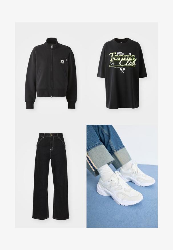 Svart zip-up jakke i en cropped design, med høy krage, frontlommer, og en liten brystlomme med logo-detalj. Myk tekstur.; Svart bomull T-skjorte med korte ermer, med grønn og hvit "Nike Tennis Club" grafikk, illustrasjoner av tennisball og racket.; Svarte vide jeans laget av denim, med kontrasterende hvite sømmer og en frontknapplukking, samt to skrå frontlommer.; Hvite, sportslige sneakers laget av mesh og syntetiske materialer, med en tykk såle og strukturert design, kombinert med hvite ribbede sokker.