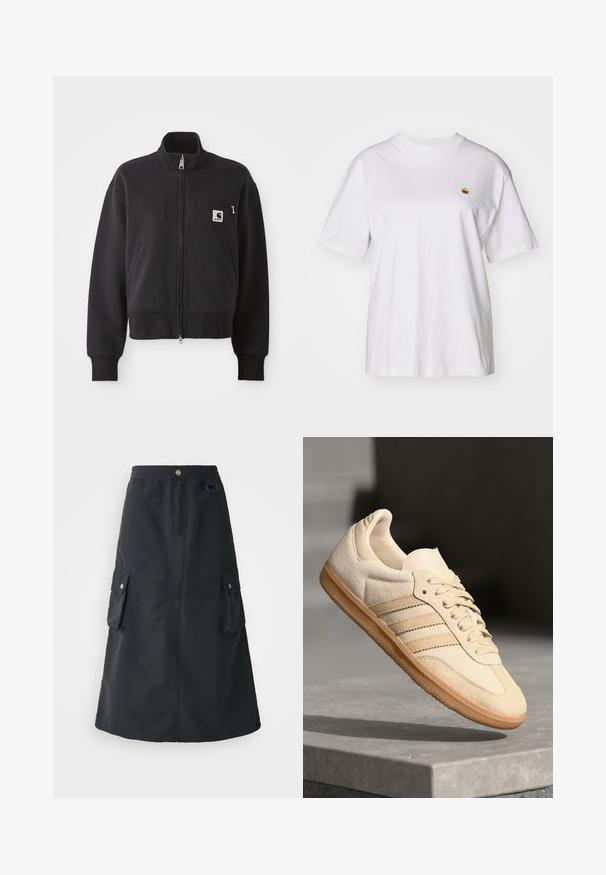 Jaqueta preta com fecho zip em design cropped, apresentando um colarinho alto, bolsos frontais e um pequeno bolso no peito com detalhe de logo. Textura de tecido macio.; T-shirt branca de algodão com um corte descontraído, mangas curtas e um pequeno logótipo bordado na área do peito esquerdo.; Saia preta até meio da panturrilha, feita de tecido leve, com um cós elástico, dois bolsos cargo e um brilho subtil.; Sapatilha de camurça bege clara com sola de borracha, três riscas diagonais e uma biqueira texturizada. Apresenta o logótipo na língua e na lateral.