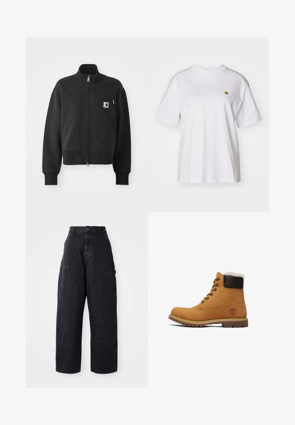 Crna zip-up jakna u skraćenom dizajnu, s visokim ovratnikom, prednjim džepovima i malim džepom na prsima s akcentom logotipa. Mekana tekstura tkanine.; Bijela pamučna majica s opuštenim krojem, kratkim rukavima i malim izvezenim logom na lijevoj strani prsnog dela.; Crne traper široke cargo hlače s visokim strukom, dva velika prednja džepa i zatvaranjem na dugme u struku. Glatka tekstura, ležeran dizajn.; Smešane kožne gležnjače u nijansi smeđe boje s debelim okovratnikom, metalnim šupljinama i teksturisanom, izdržljivom potplatom. Sadrži logo blizu pete.