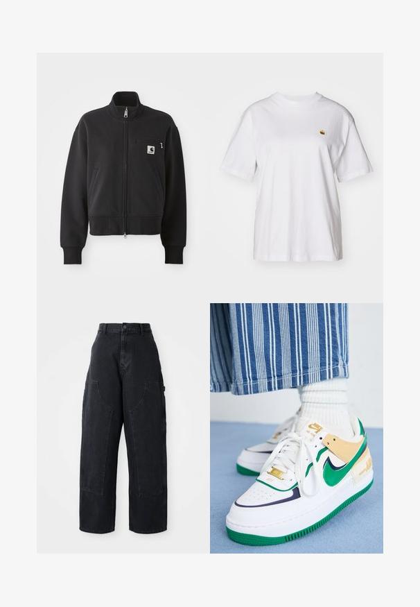 Jaqueta preta com fecho zip em design cropped, apresentando um colarinho alto, bolsos frontais e um pequeno bolso no peito com detalhe de logo. Textura de tecido macio.; T-shirt branca de algodão com um corte descontraído, mangas curtas e um pequeno logótipo bordado na área do peito esquerdo.; Calças cargo largas de ganga preta com uma cintura alta, dois bolsos frontais grandes e um fecho de botão na cintura. Textura suave, design casual.; Nike Sportswear AIR FORCE 1 SHADOW - Sapatilhas - white/midnight navy/malachite/sesame/phantom/metallic gold