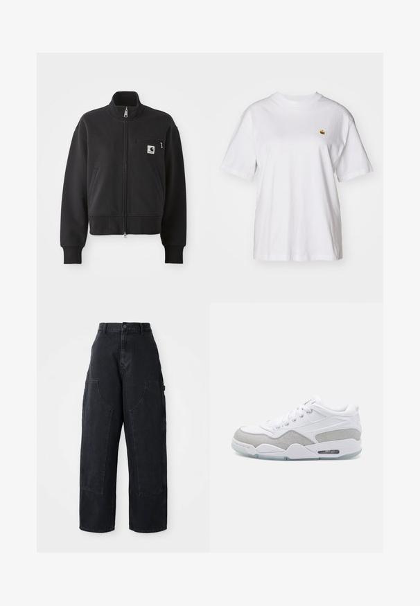 Svart zip-up jakke i en cropped design, med høy krage, frontlommer, og en liten brystlomme med logo-detalj. Myk tekstur.; Hvit bomulls t-skjorte med avslappet passform, korte ermer og en liten brodert logo på venstre brystområde.; Sorte denim bredbukser med høy livlinje, to store frontlommer og kneppestang i midjen. Glatt tekstur, uformelt design.; Hvit treningssko med en kombinasjon av glatt lær og grå semsket skinn, rund form, snøringsdesign og gjennomsiktig såle.