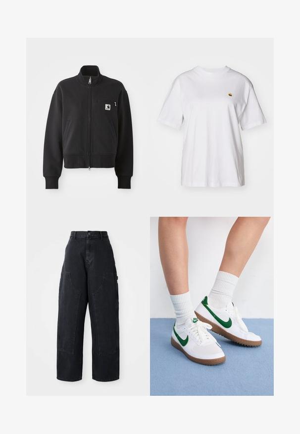 Svart zip-up jacka i en kort design, med hög krage, framfickor och en liten bröstficka med logotype. Mjuk tygtextur.; Vit bomull t-shirt med avslappnad passform, korta ärmar och en liten broderad logotyp på vänster bröstområde.; Svart denim bredbeniga cargobyxor med hög midja, två stora framfickor och ett knappstängning i midjan. Slät textur, avslappnad design.; Vita sneakers med gröna detaljer och logotyper. Gummisula med brun textur. Snörad design, tillsammans med vita ribbade strumpor.