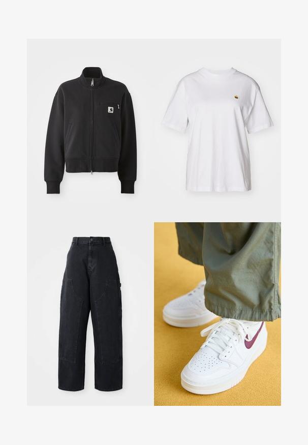 Black zip-up jacket in a cropped design, featuring a high collar, front pockets, and a small chest pocket with logo accent. Soft fabric texture.; White cotton t-shirt with a relaxed fit, short sleeves, and a small embroidered logo on the left chest area.; Black denim wide-leg cargo pants with a high waist, two large front pockets, and a button closure at the waist. Smooth texture, casual design.; Jordan AIR JORDAN 1 ELEVATE - Trainers - white/bordeaux/white onyx